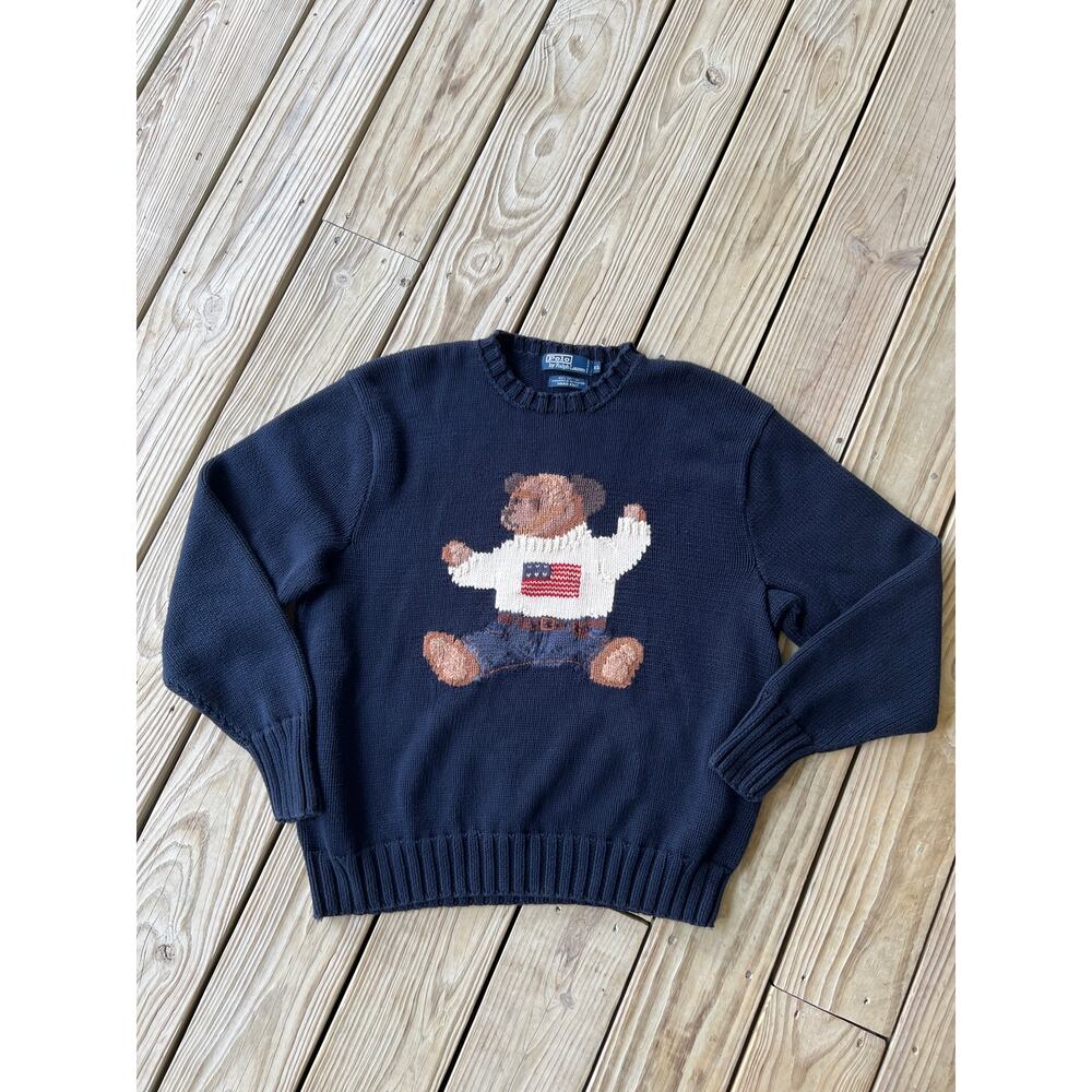 Polo Teddy Bear Sweater XL US Flag Navy Cotton Vintage Y2K sitting bear